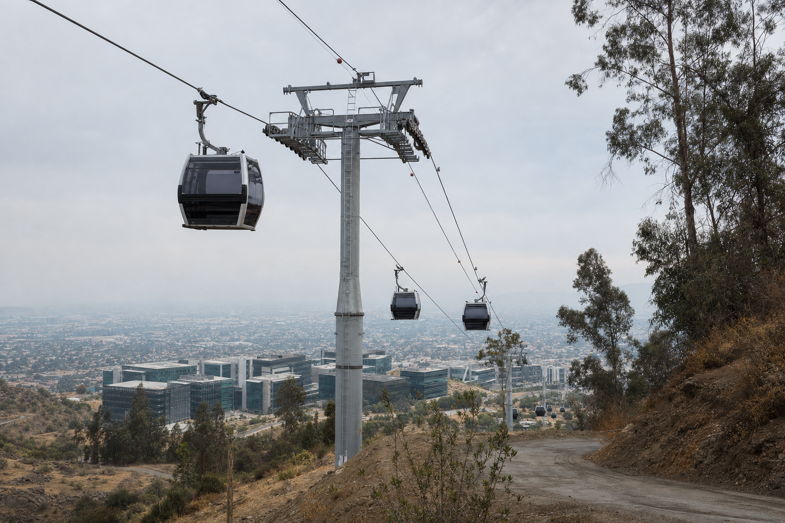 Cabinas de teleférico sobre una ladera con edificios de oficinas y la ciudad al fondo