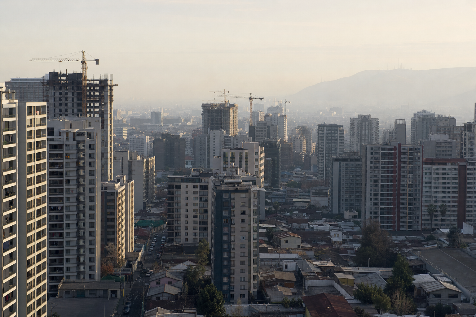 Torres residenciales densas con grúas en Estación Central y Santiago Centro