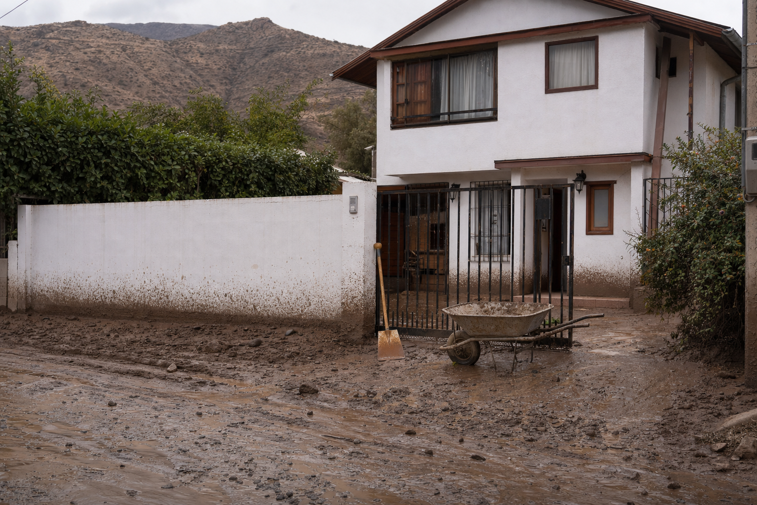 Casa en la precordillera con barro en la calle y el portón tras un aluvión