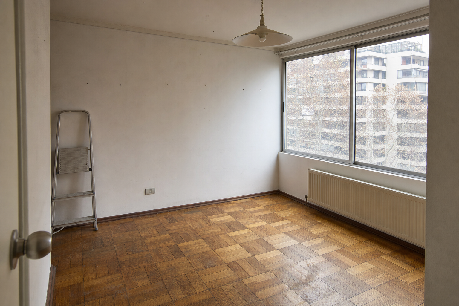 Living vacío de un departamento usado con piso de parquet y ventana hacia la calle