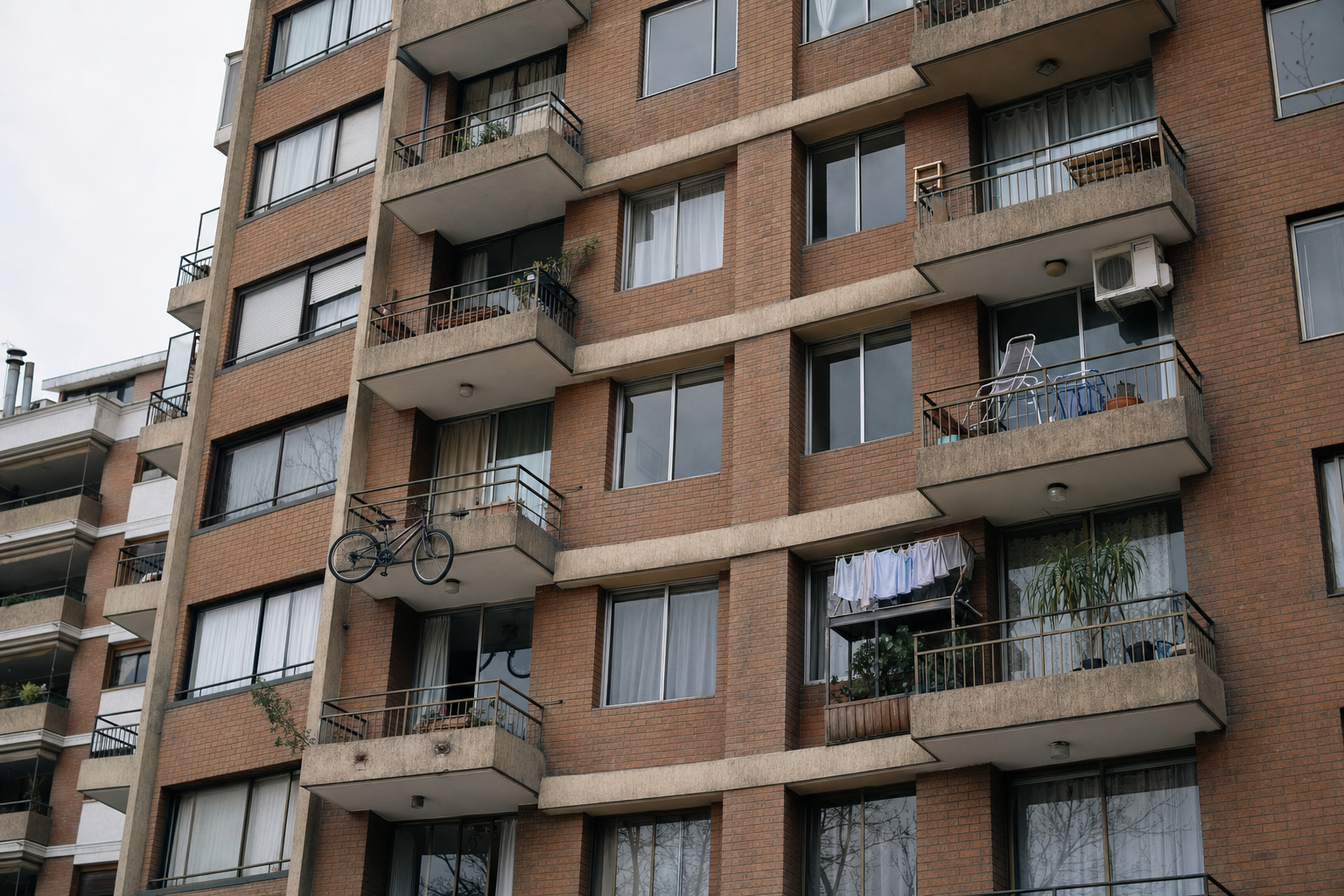 Fachada de un edificio de departamentos de ladrillo en Providencia con balcones habitados