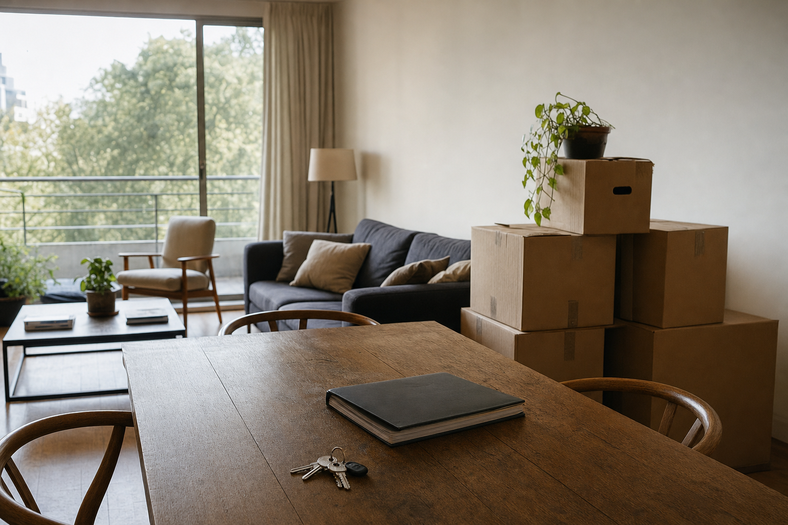 Living de un departamento con cajas de mudanza y llaves sobre la mesa del comedor