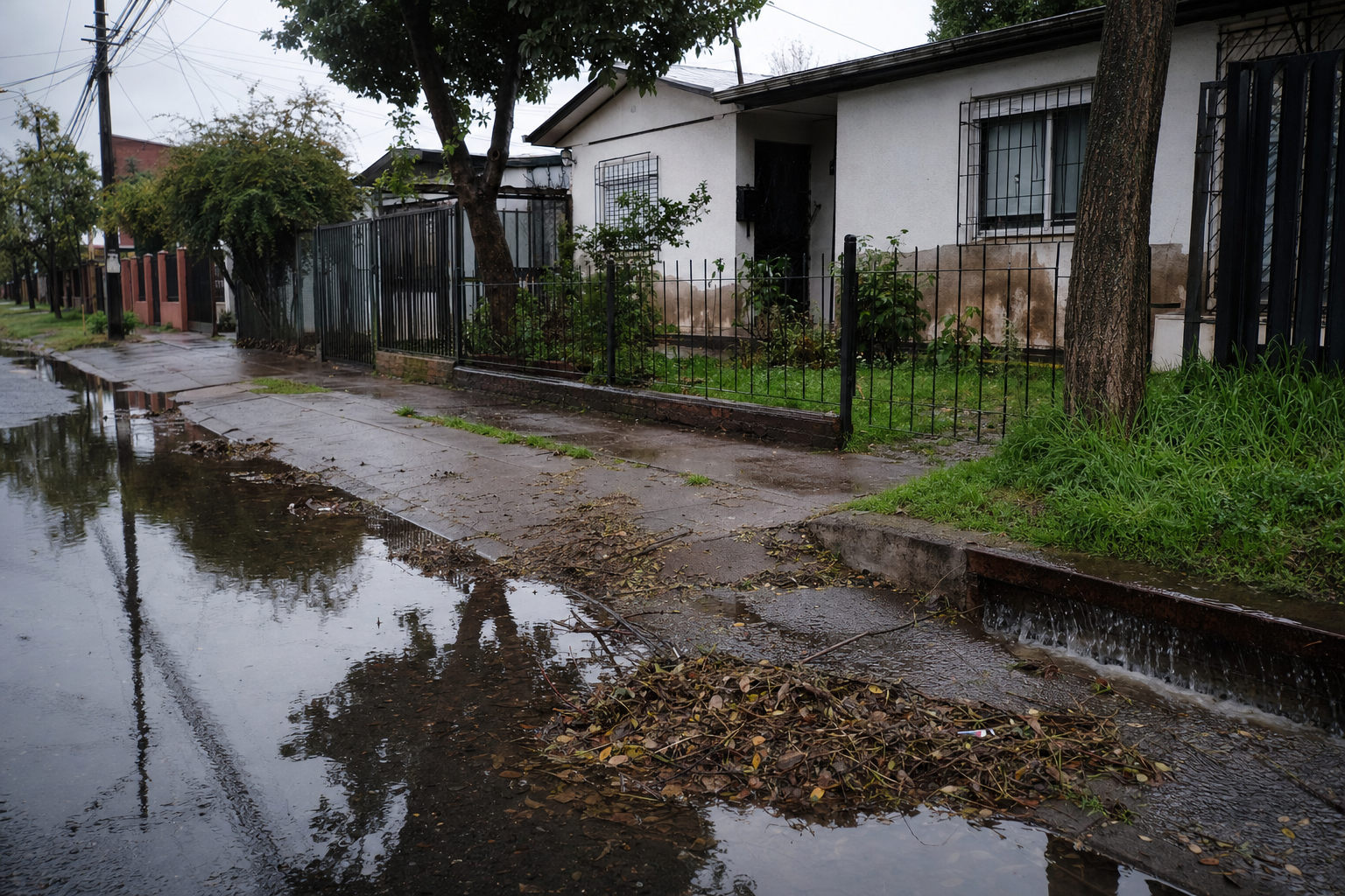 Calle residencial con charcos de barro y escombros tras un temporal