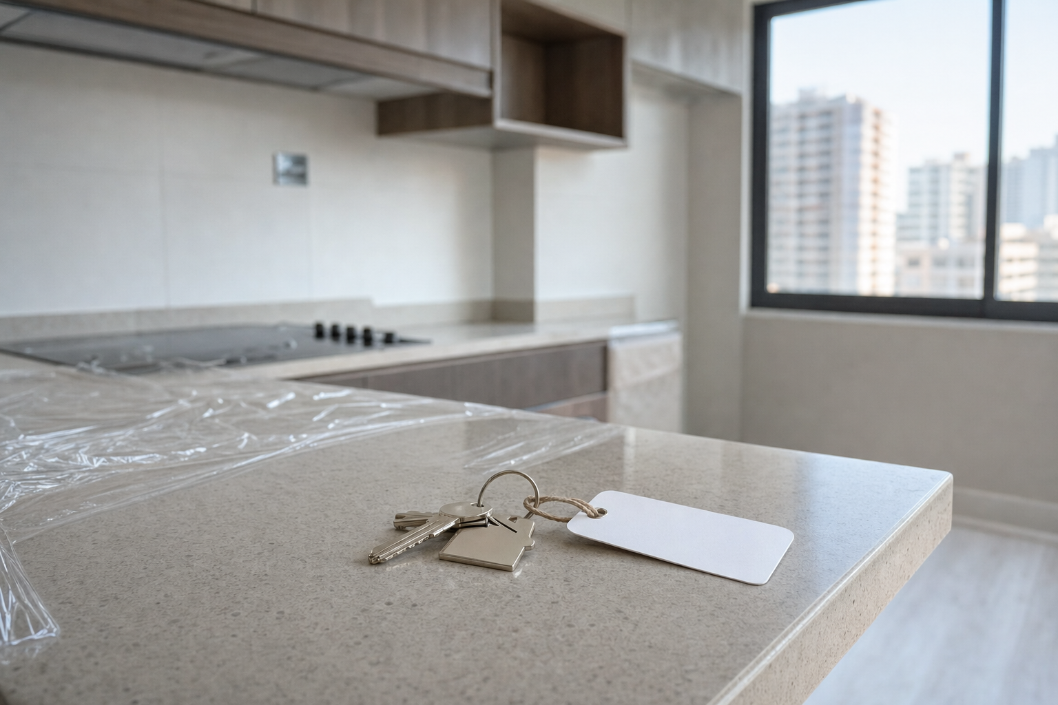 Llaves de un departamento nuevo sobre el mesón de una cocina recién entregada