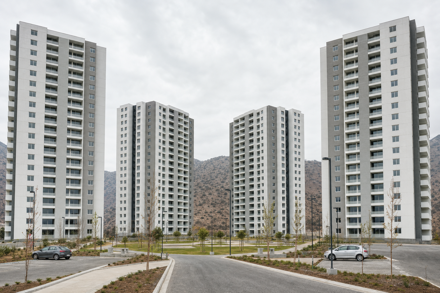 Conjunto de torres de departamentos nuevas con balcones vacíos en la periferia de Santiago