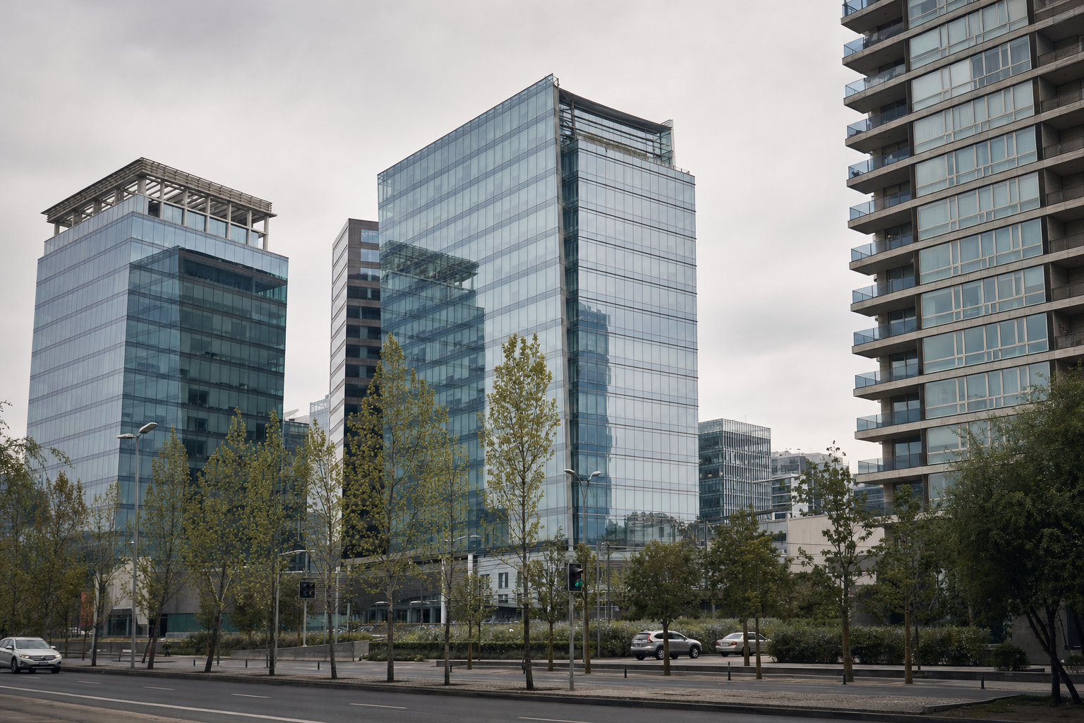 Torres de oficinas de vidrio en Nueva Las Condes en un día nublado
