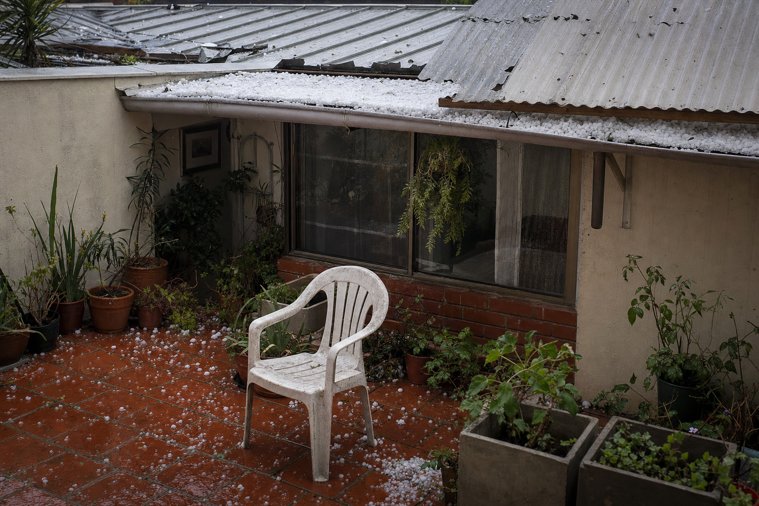 Patio de una casa con granizo acumulado sobre las baldosas y el techo de zinc tras una granizada