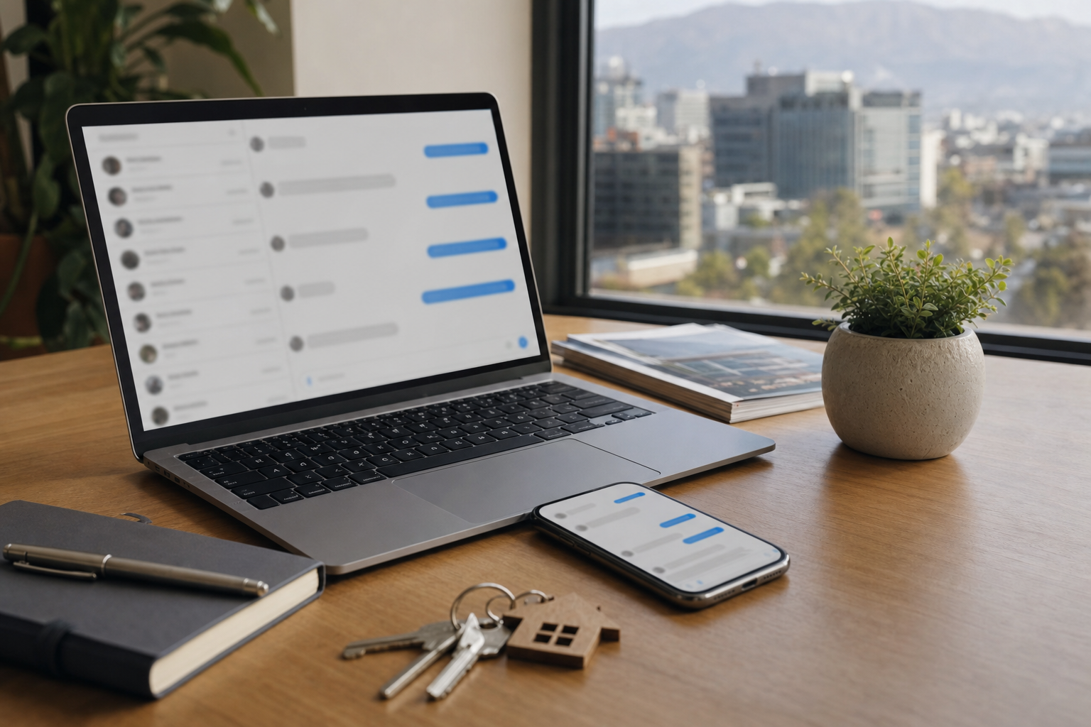 Escritorio de un agente inmobiliario con laptop y celular mostrando conversaciones de chat