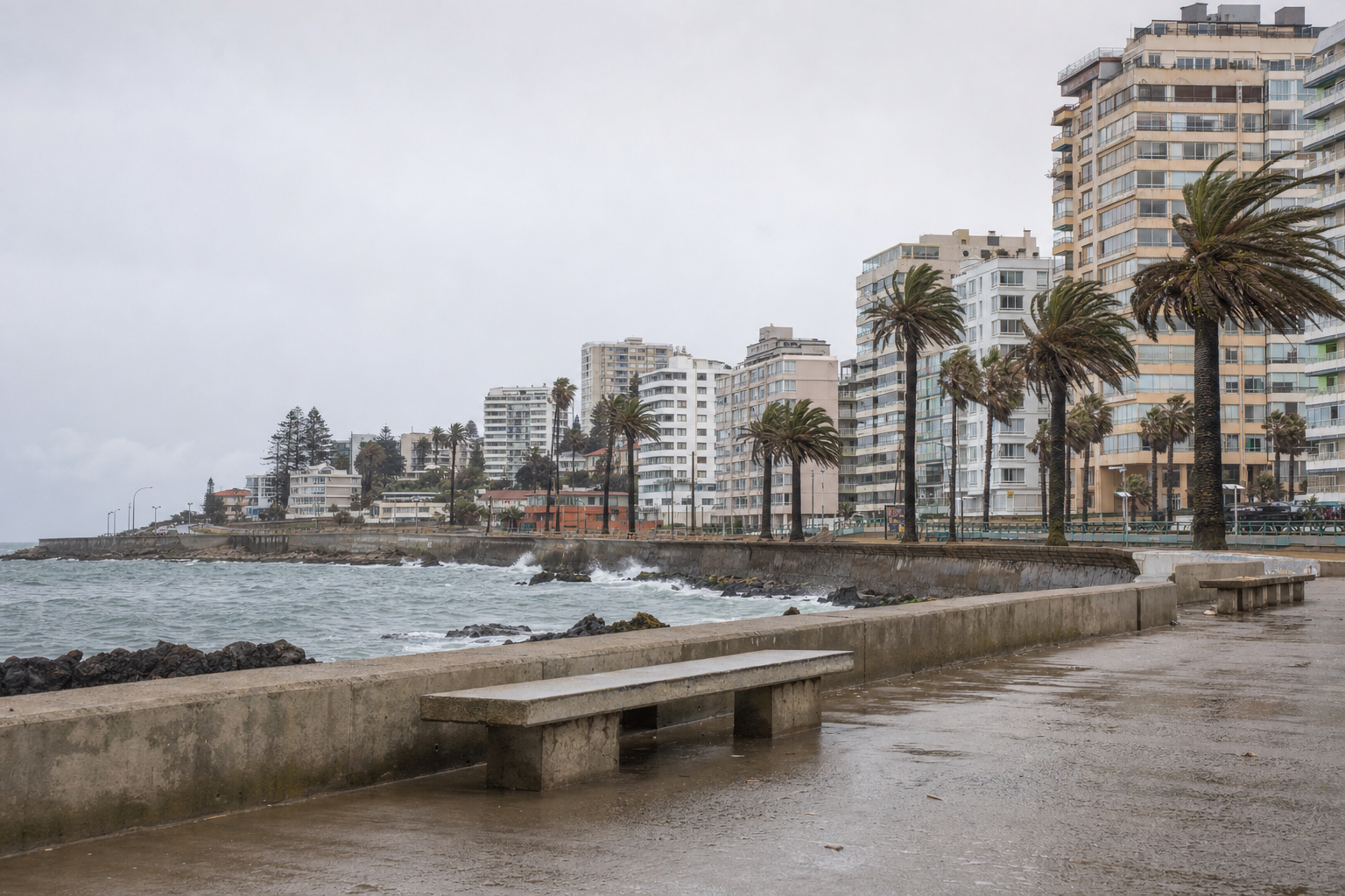 Costanera de Viña del Mar en invierno con edificios frente al mar y palmeras