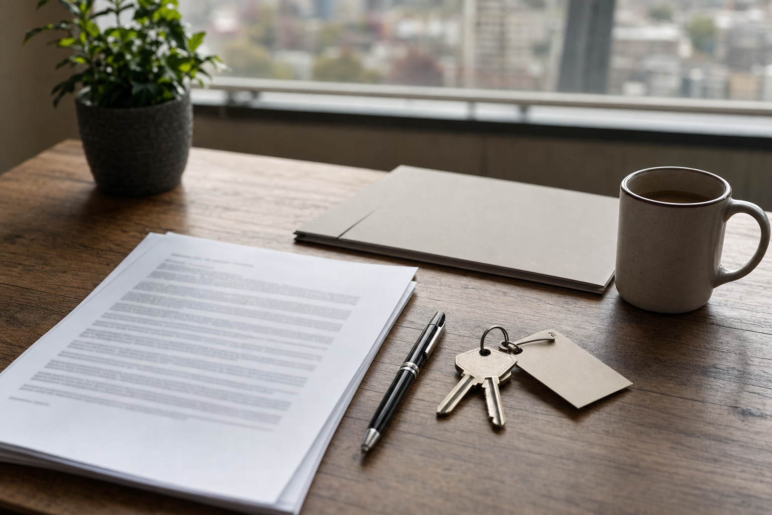 Contrato de promesa, llaves y lápiz sobre un escritorio de oficina inmobiliaria